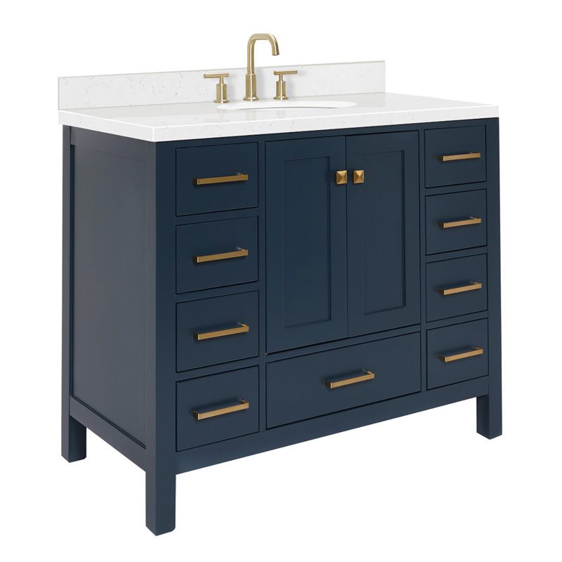 Cambridge 42.25'' Single Bathroom Vanity with Carrara Quartz Top, Midnight Blue / Satin Brass