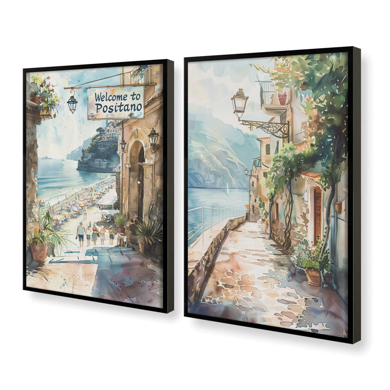 «Coastal Greeting», ensemble de 2 pièces encadrées par Azure Artisanal Studio, Noir satiné, H 37 po x l 50 po x P 1,25 po