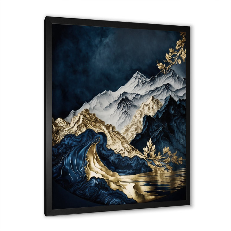 " Gold Frosted River And Mountain I ", 20" H x 12" W x 1" D, Black Picture Framed