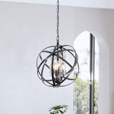 59-Inch Lantern-Style Crystal Chandelier, Spherical Metal Pendant Light, Adjustable Globe Farmhouse-Style Ceiling Light, Suitable For Kitchen, Entryway, And Dining Room