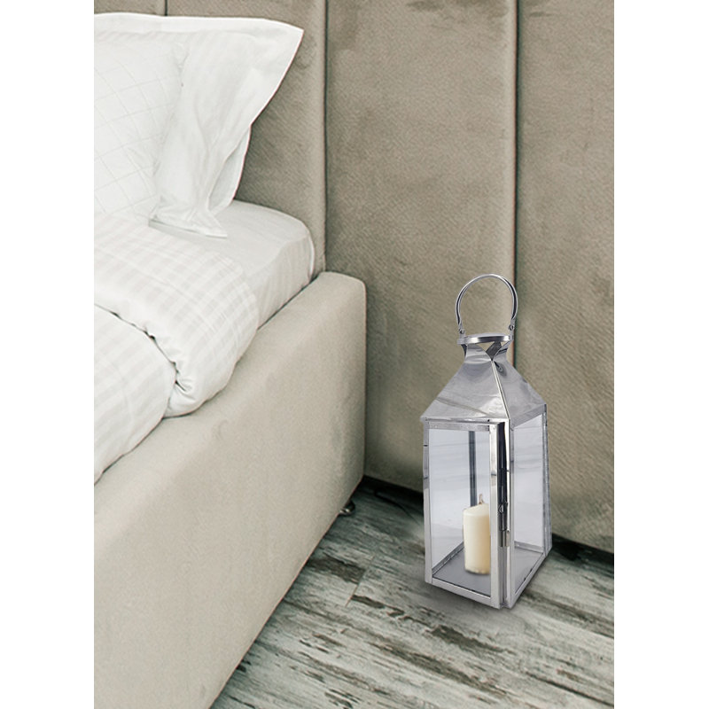 Lanterne de table en acier inoxydable, Argent, H 20,75 po x l 7,50 po x P 7,50 po