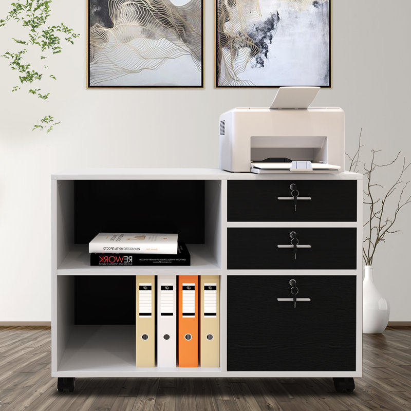 Alday 35"W 3-Tiers Storage File Cabinet with locking Drawers & Casters, White / Black