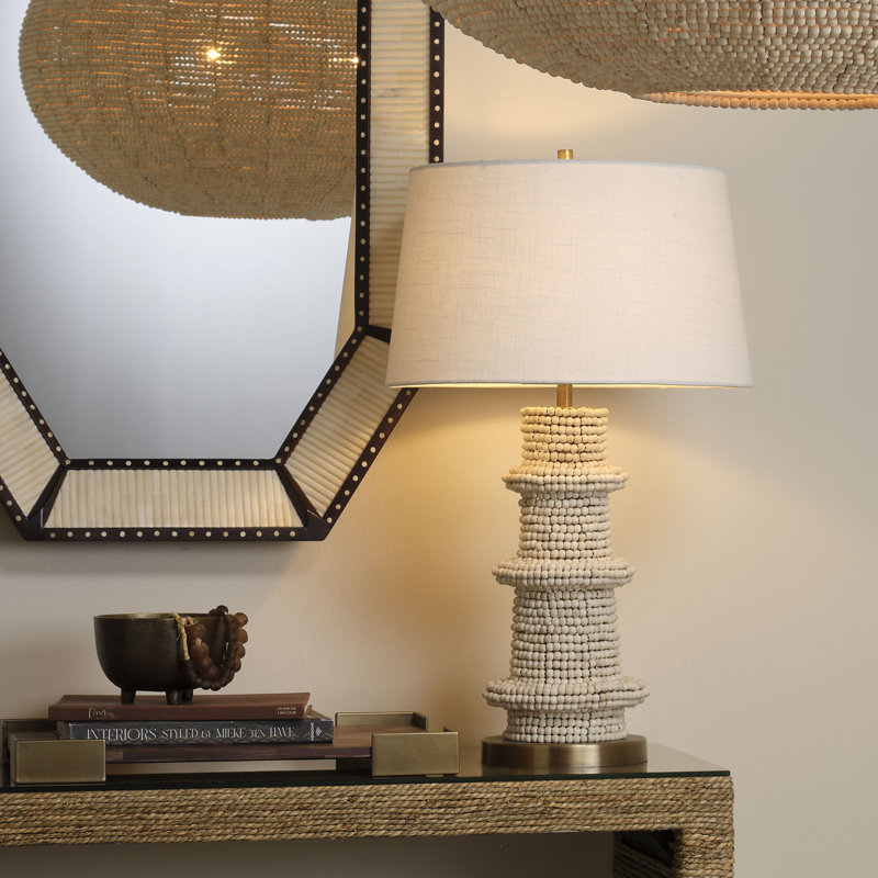 Rowan Wood Beaded Table Lamp with Linen Shade, Blue, Cream