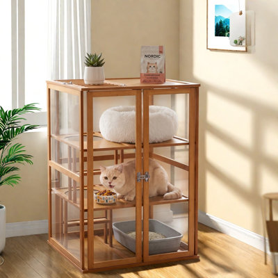 Modern Bamboo Cat Cages & Playpens, Multi-Level Indoor Home with Storage