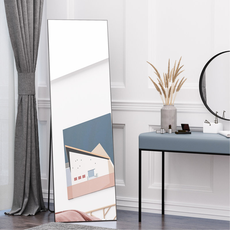 Miroir pleine grandeur pour l'intérieur de la maison, 19,77 po x 63,5 po, noir, autoportant ou mural, construction solide, caractère noir, salon, chambre à coucher, salle de bain, intérieur de projet autoportant / stable