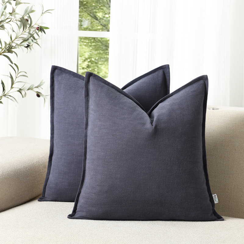 Boho Farmhouse Pillow Cover Soft Boho Farmhouse Washed Linen Textured Cotton Throw Pillow Covers, Navy, Square 26"