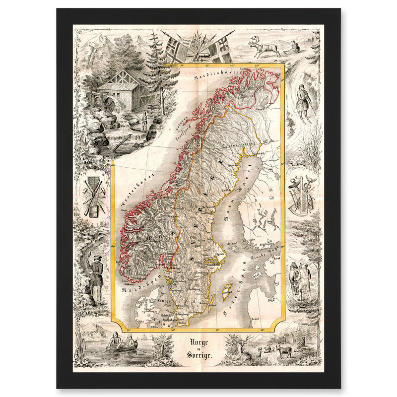 Antique Map 1847 Munch Norway Sweden Decorative 1 Piece Single Picture Frame Wall Art