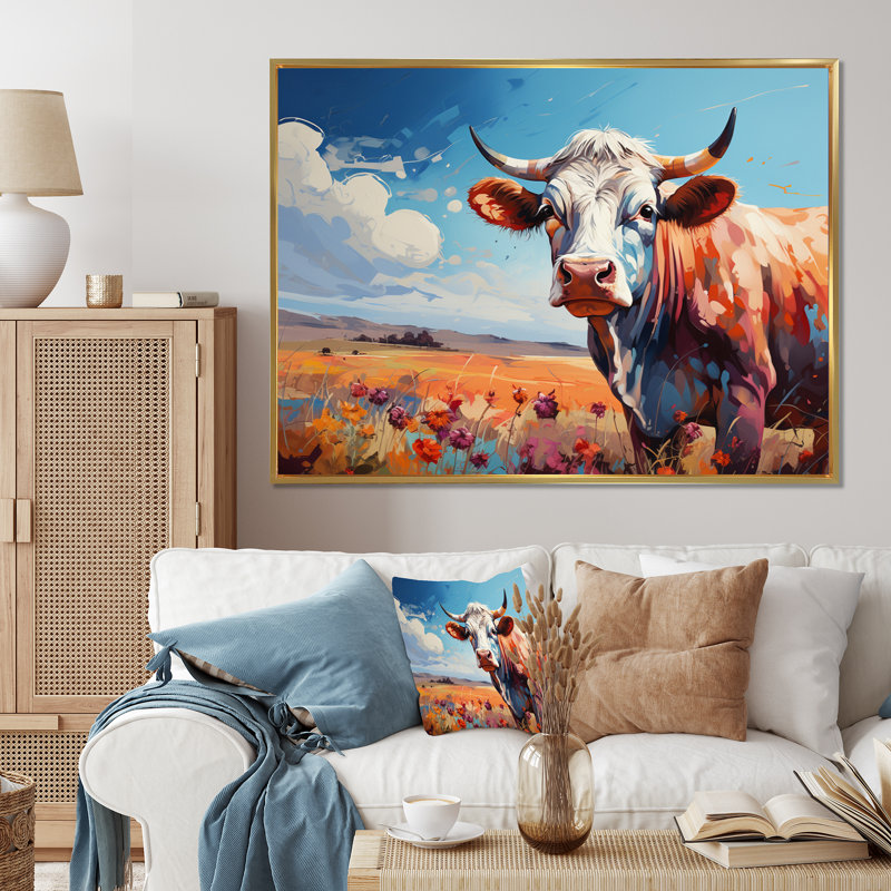 Vache, campagne, palette III - impression, H 34 po x l 44 po x P 1,5 po, Cadre flottant doré