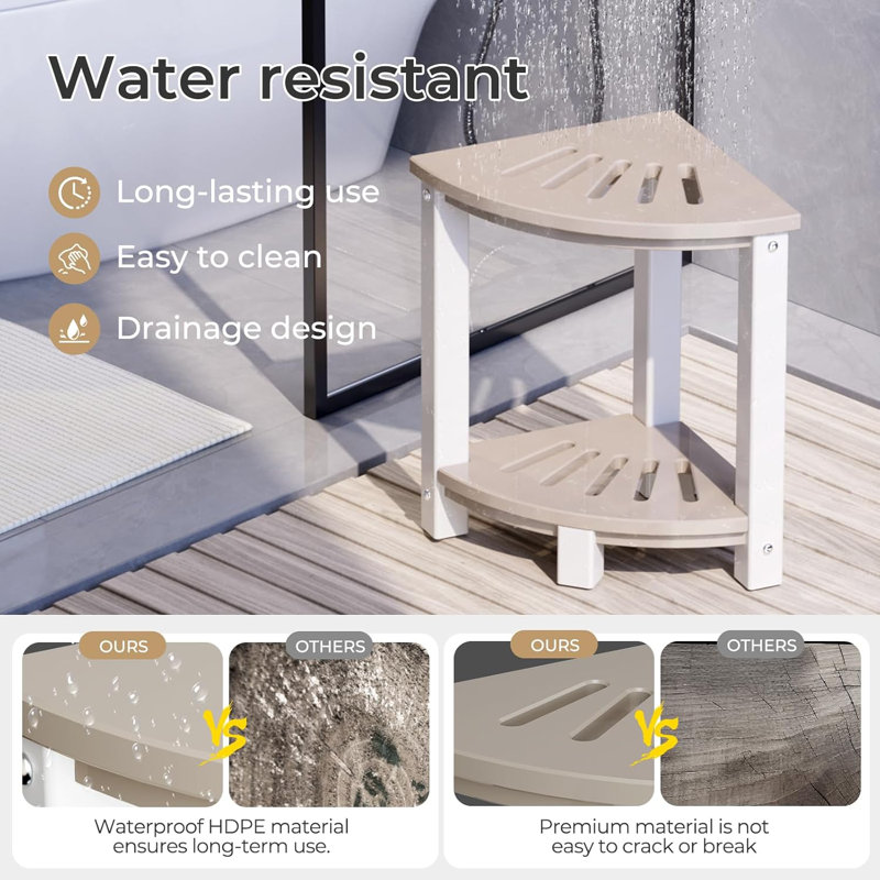 Wood and White Corner Shower Stool with Storage Shelf
