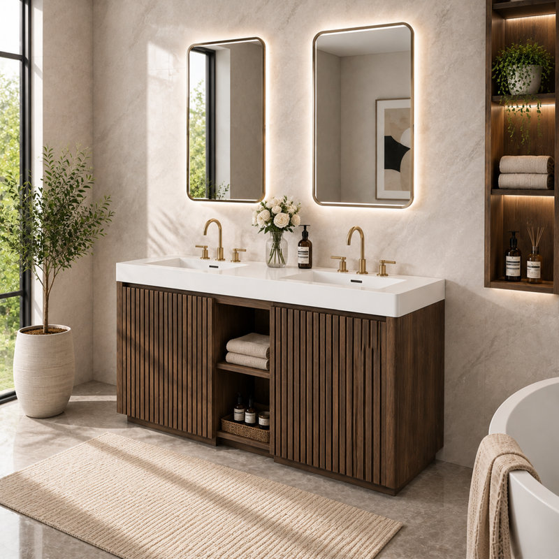 Meuble-lavabo autoportant en noyer Winston de 60 po avec lavabo à quartz intégré Lumene, 60", Blanc