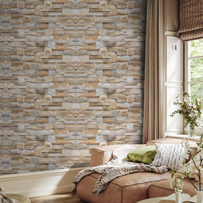 Rustic Stacked Stone Peel and Stick Wallpaper – Realistic Beige and Grey Brick Wall Mural for Farmhouse or Industrial Interiors – Suitable For All Textured Walls