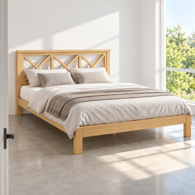 Lit plateforme double avec tête de lit à motif géométrique en X, cadre de lit en bambou durable avec lattes de soutien renforcées, style moderne du milieu du siècle