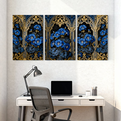 Plantes et fleurs, fleurs bleues, arche dorée, ensemble de 3 impressions sur toile