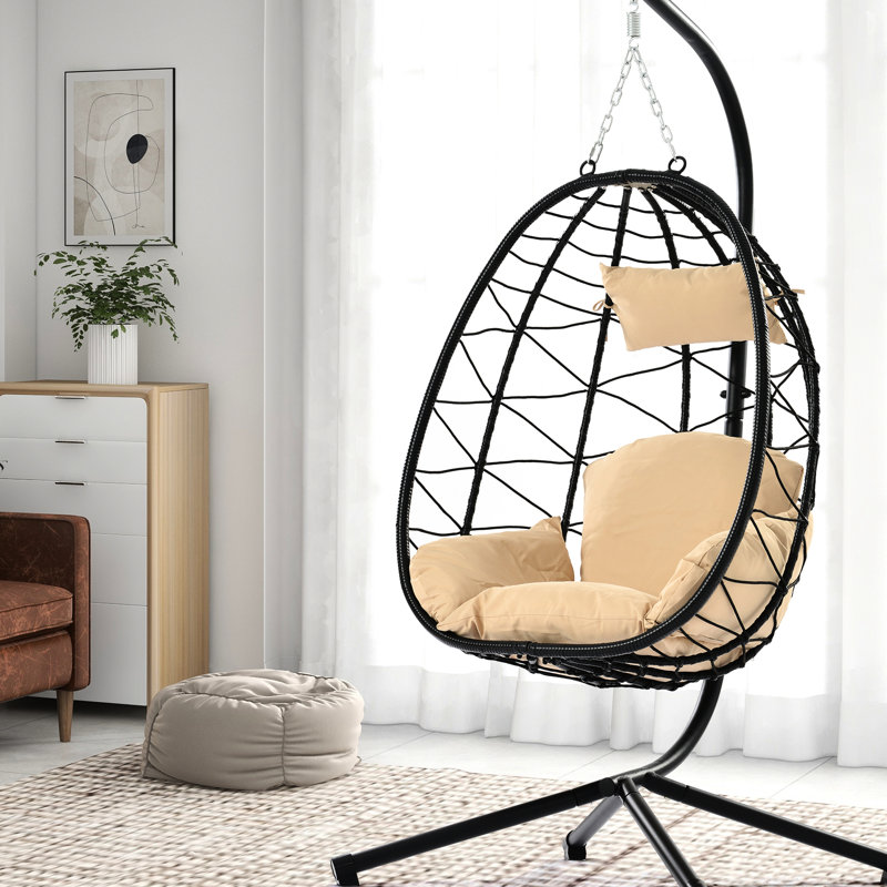 Fauteuil à suspendre pour l'extérieur: coussin beige, pe. Élégant pour le balcon de la piscine, panier de jardin confortable