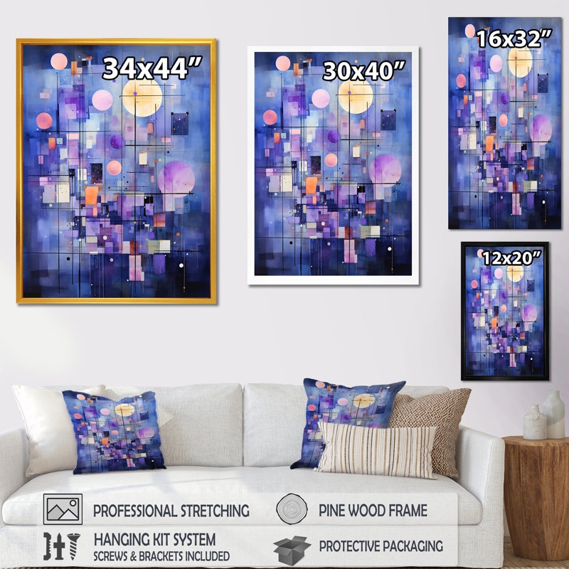 Abstrait géométrique tons bleus 2 - art mural géométrique, H 32 po x l 24 po x P 1 po, Cadre flottant doré