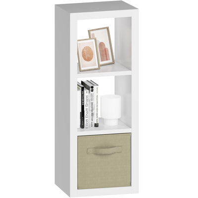  3 Cube Storage Organizer Shelf with Bins, White 3 Tier Bookcase with Fabric Storage Bins, Morden Bookshelf for Bedroom, Living Room, Closet, Office, 11.5" D x 11.5" W x 37.67" H