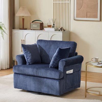 Swivel Corduroy Barrel Chair Accent Chair with Turntable and Side Storage Pocket for Living Room