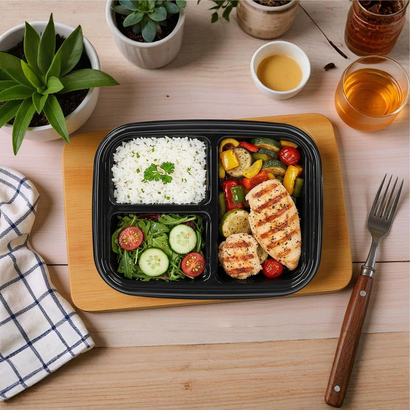 10 Pack Meal Prep Containers 3 Compartment 1000Ml (35Oz) – Black Lunch Boxes With Lids – Reusable Microwave, Freezer & Dishwasher Safe Food Storage – Stackable Meal Prep Boxes