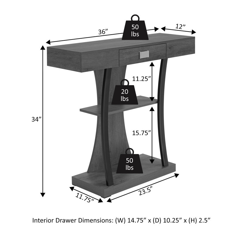 Amett 1 Drawer Console Table, Charcoal Gray, 34" H x 36" W x 12" D