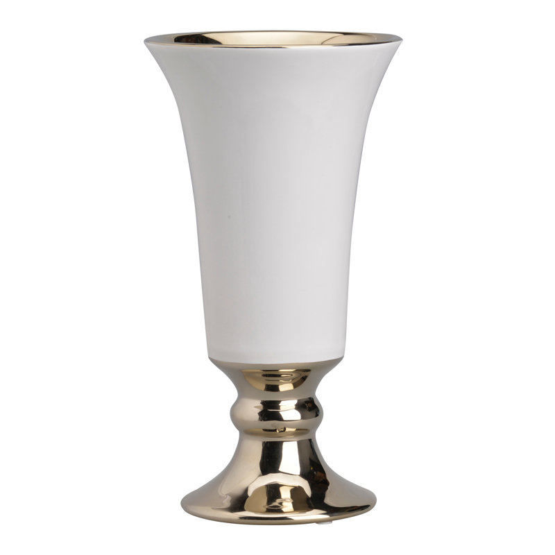  Vase en céramique 10 pouces avec plateau évasé et base piédestal, blanc et or