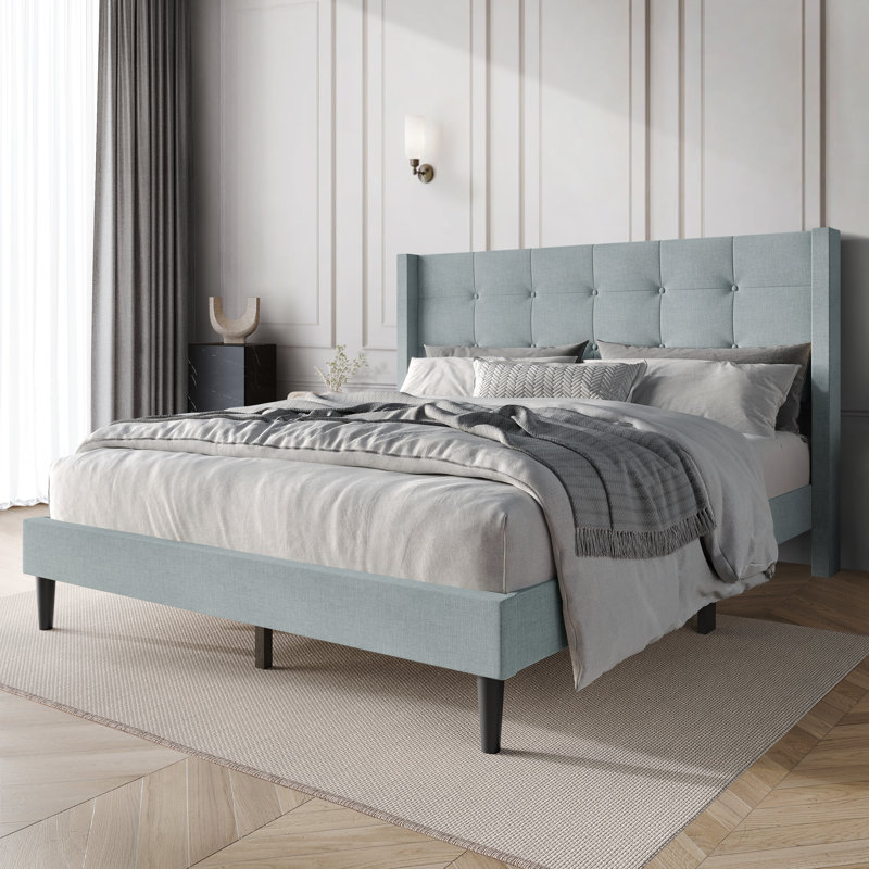 Glam Wingback Platform Bed, Light Blue, Full
