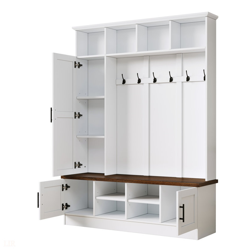 Versatile 3-in-1 Hall Tree with 6 Hooks, Farmhouse Walnut Storage Bench with Adjustable Shelves, 55"W Entryway Coat Rack with Multiple Storage Space