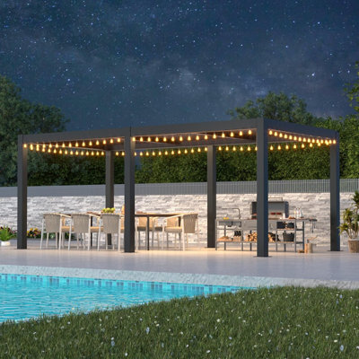 Outdoor Louvred Pergola Aluminum Hardtop Gazebo With Retractable Roof For Deck Backyard Garden (10x20ft With Light)