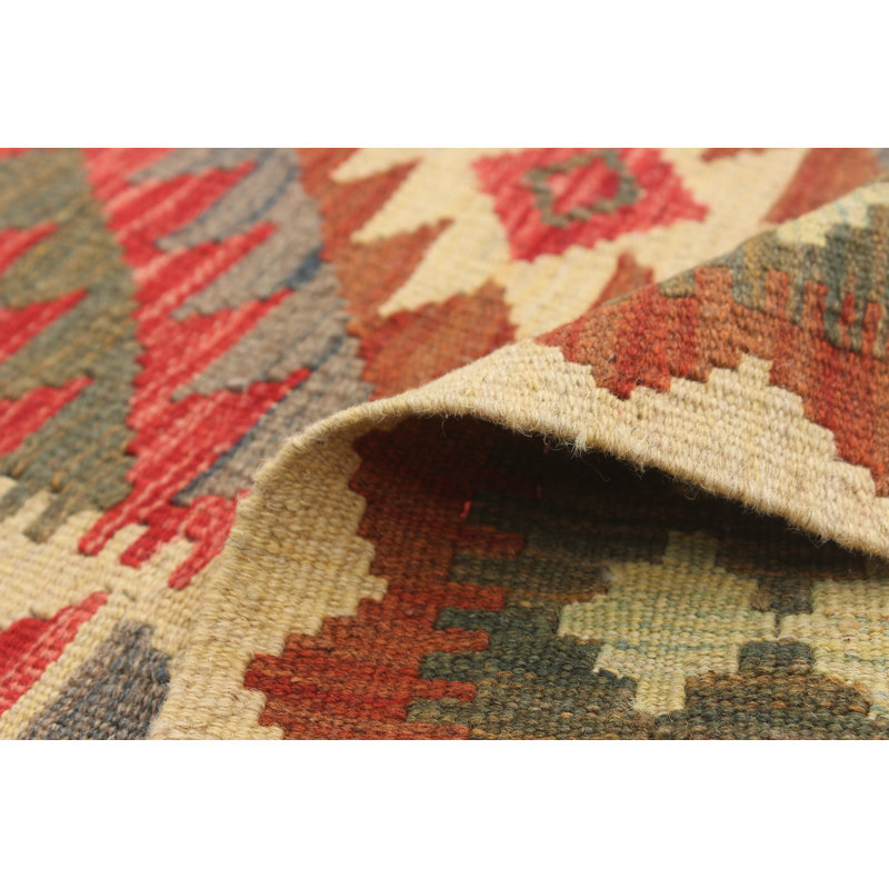 Tapis ivoire / rouge en laine à motif géométrique fait à la main Gosford