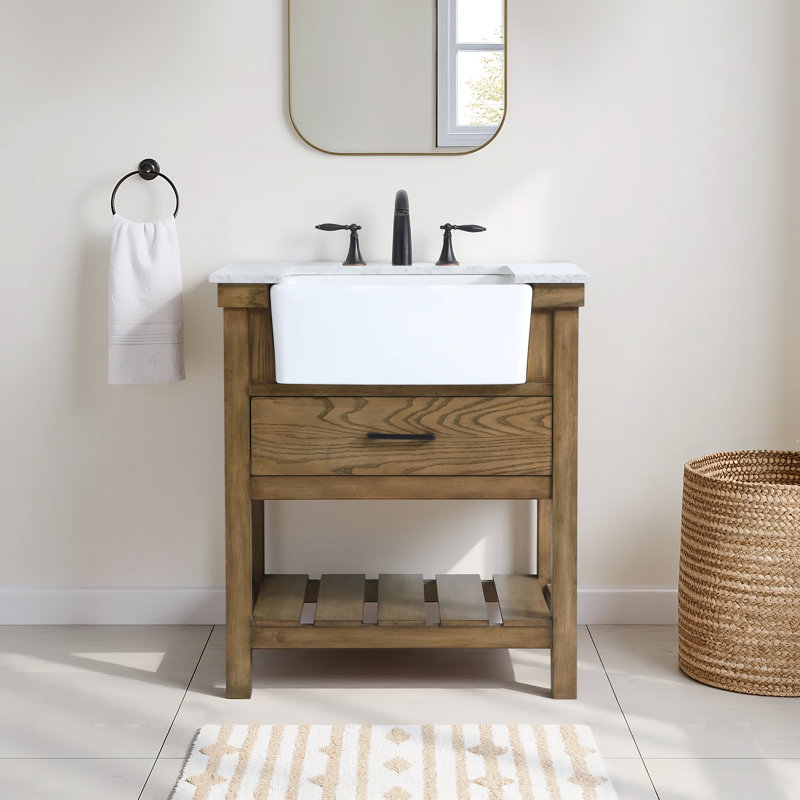 Pelaghia 30'' Single Bathroom Vanity with Carrara Marble Top, Dark Brown