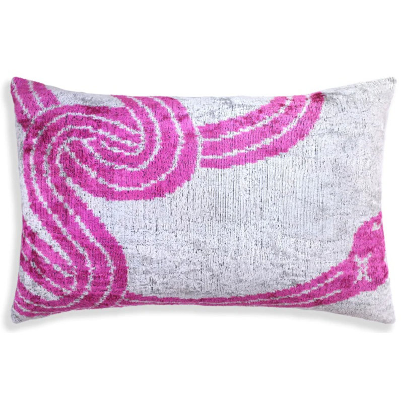 Handmade Silver & Pink Fuchsia Velvet Lumbar Pillow 16X24 – Modern Abstract Designer Cushion