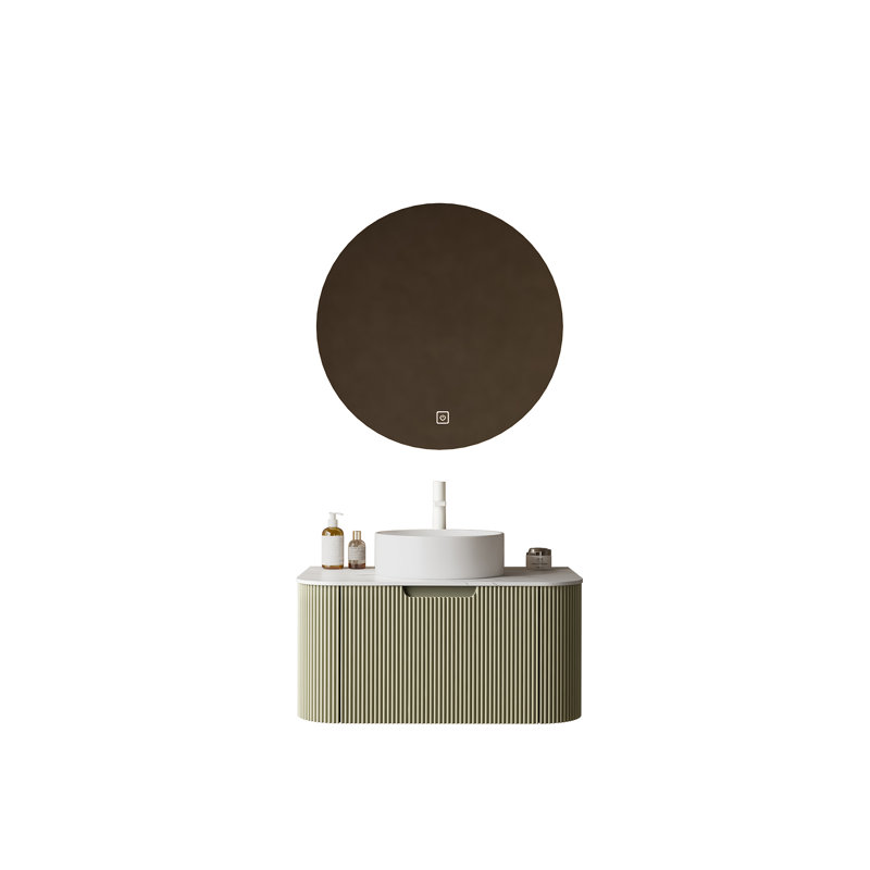 Meuble-lavabo flottant avec lavabo rond en céramique, plateau en pierre frittée, armoire en contreplaqué à rayures 3D vert clair, tiroir de rangement pré-assemblé et glissières à fermeture en douceur.