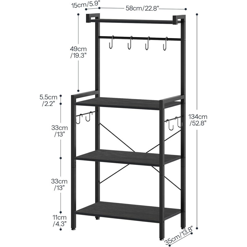 4-Tier Bakers Rack With Storage, Multifunctional Kitchen Shelf For Microwave Stand, Coffee Bar Station, And Small Space Organization With 8 S-Hooks