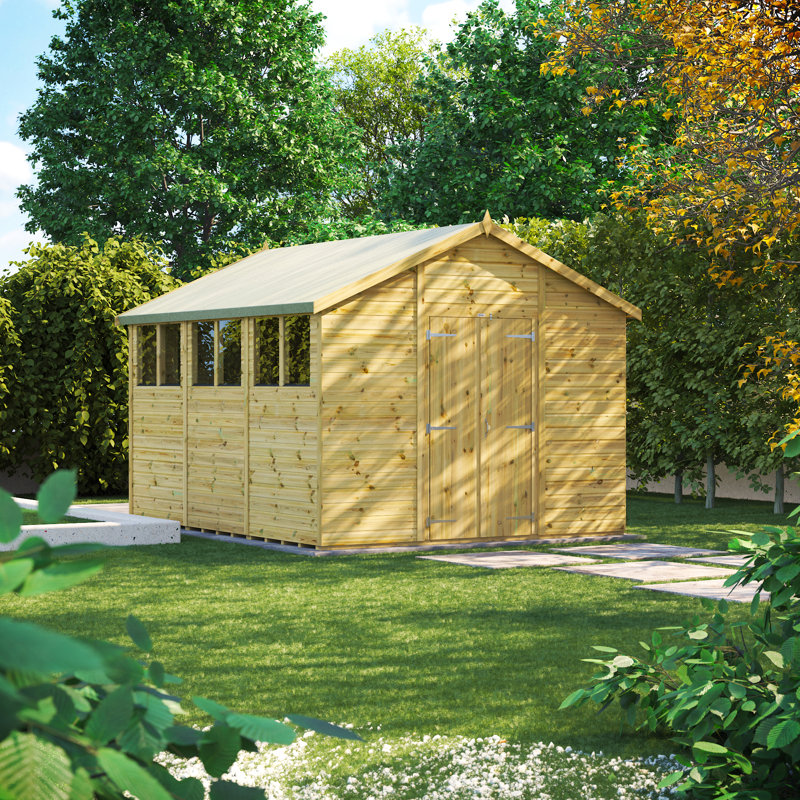 Powersheds 12 x 10ft Premium Pressure Treated Timber Apex Garden Shed, Double Doors