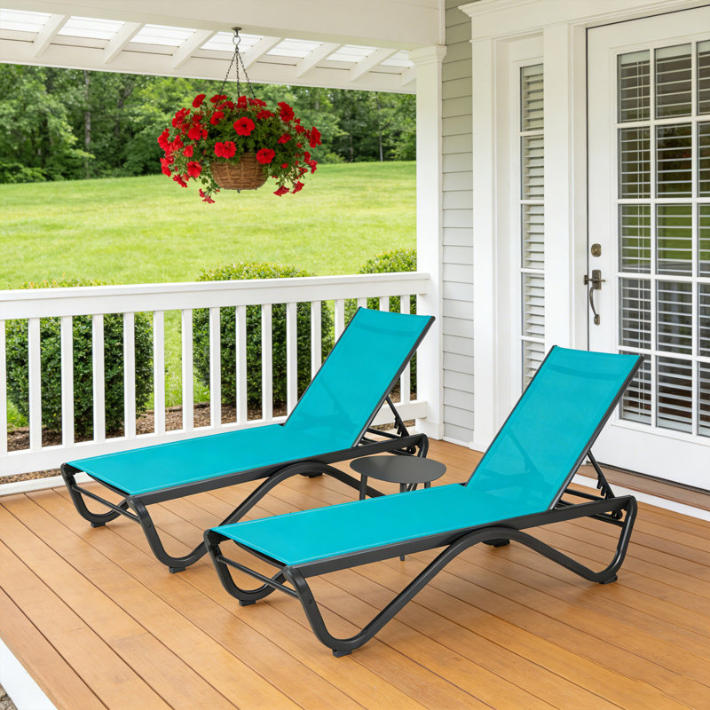 Kozyard Outdoor Chaise Lounge Chair, All Aluminum Frame, Fully Flat Adjustable Reclining Patio Lounger for Poolside, Sunbathing & Backyard, Aqua, 2Chairs + Table
