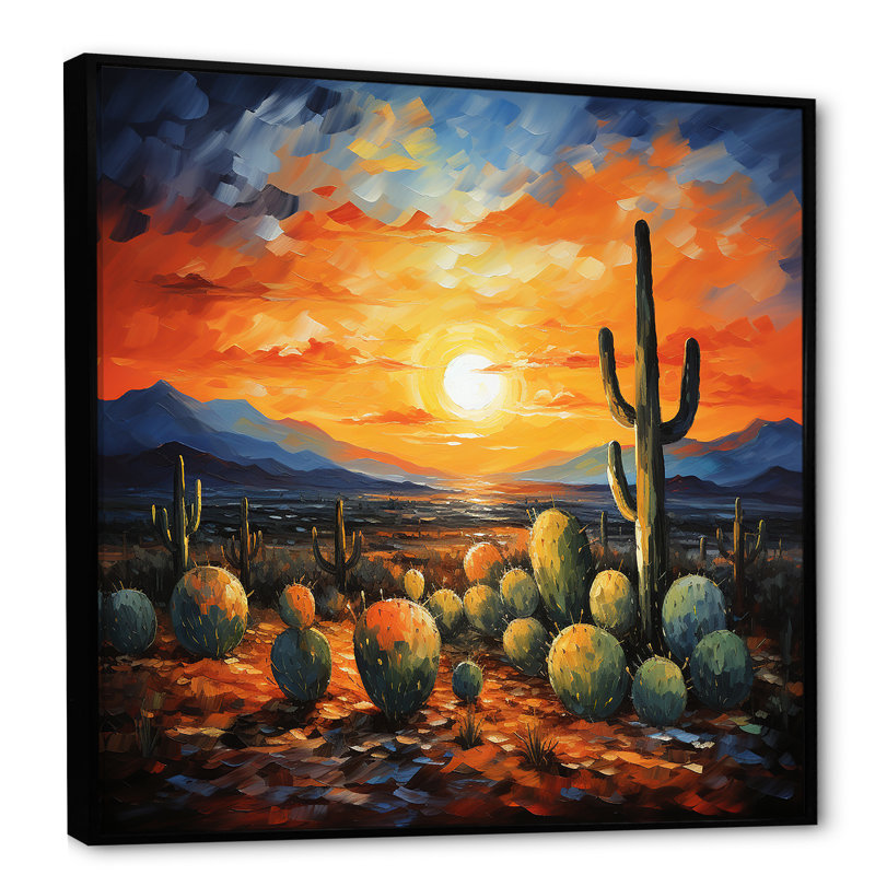Cactus coucher de soleil, désert, rêves au Mexique I - désert, art mural encadré, Cadre flottant noir, 36" H x 36" W