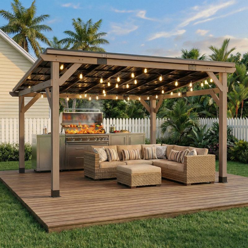 Solid Grey Wood Rectangle Gazebo with Hardtop Steel Slope Roof, 14 ft W x 12 ft D