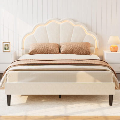 Elegant Upholstered Velvet Platform Bed Frame - Adjustable Seashell Headboard - LED Lighting - Under Bed Storage - Queen Size, White