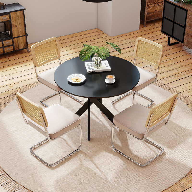 Ensemble de 5 tables de salle à manger rondes en bois avec chaises rembourrées en velours, Noir, Beige, Noir