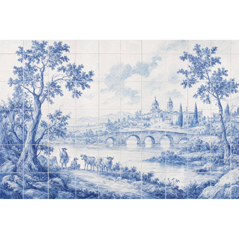 Papier peint mural amovible de style Delft, motif paysage champêtre, décoration murale, 120"x96", Peel and Stick