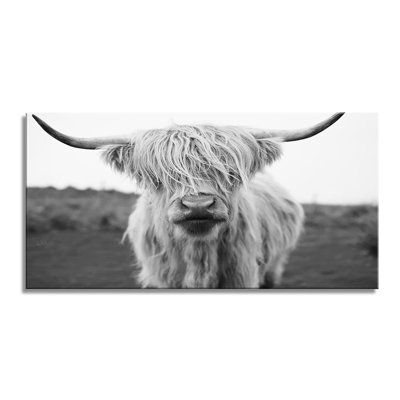 Toile Highland Cow - décoration murale animal noir et blanc pour le salon, la chambre à coucher, le bureau
