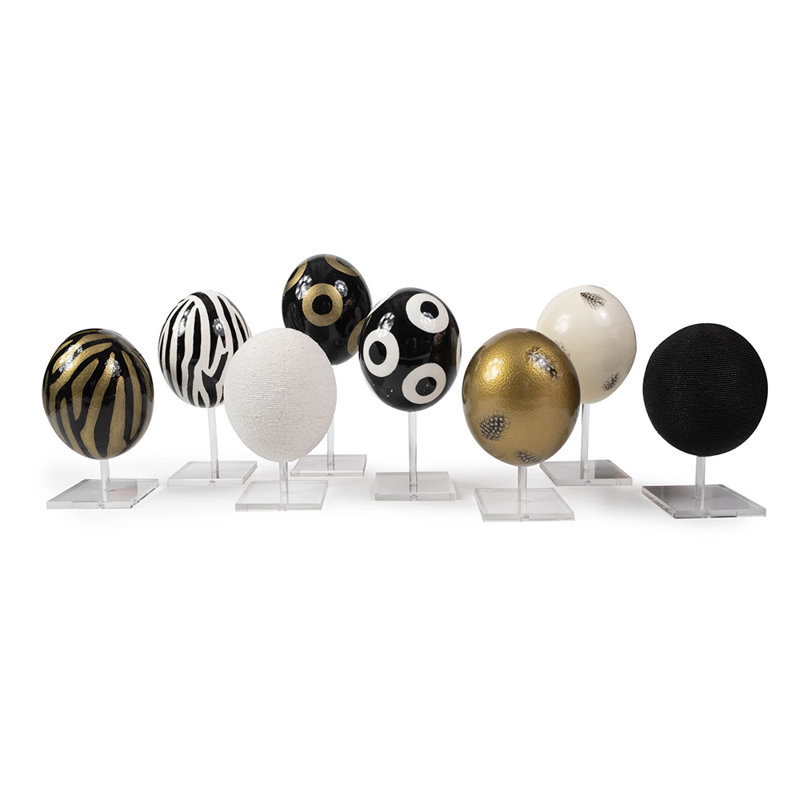 Painted Ostrich Egg Sculpture, Black/White