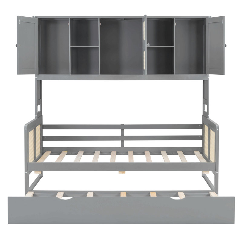 Wooden Daybed With Twin Size Trundle, And  Cabinet And Shelf, Gray, Twin