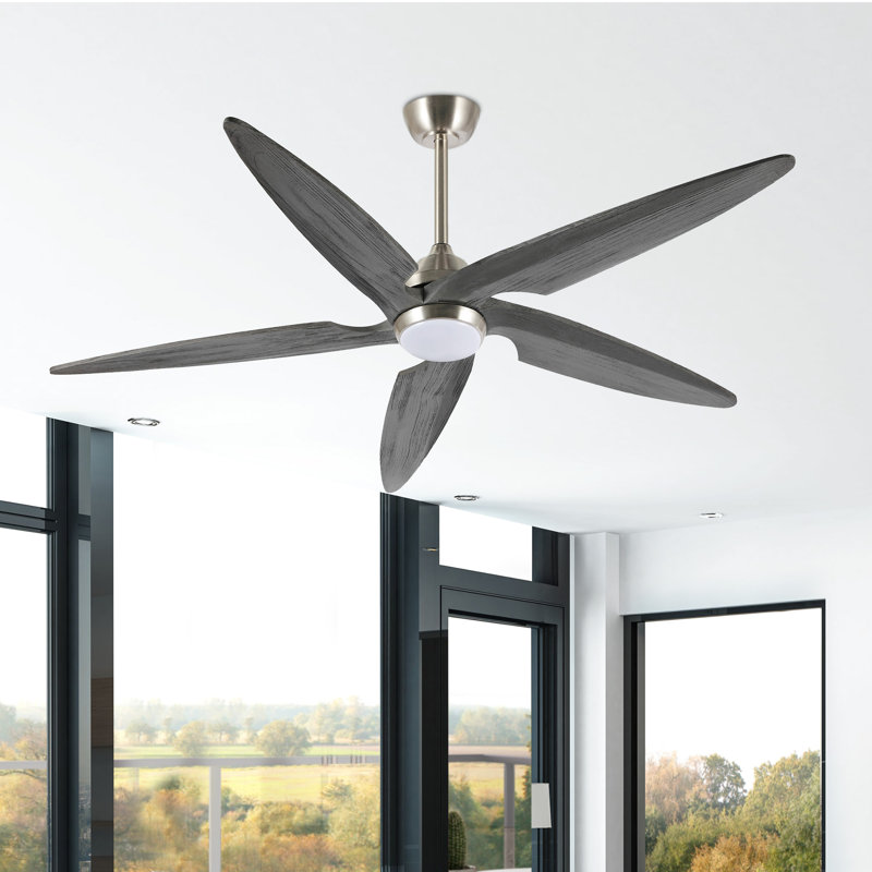 Ventilateur de plafond en bois massif à 5 pales Chanille avec lumière DEL et télécommande, Blanc cassé, Or, 64"