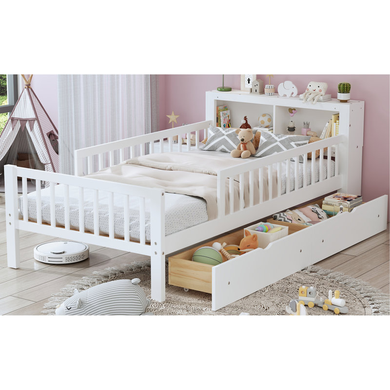 Lit avec support de tête de lit, deux tiroirs sous le lit, trois garde-corps latéraux pour plus de sécurité, Blanc