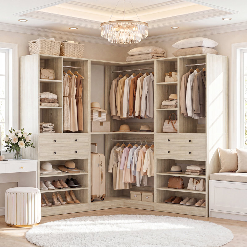 Navada Closet System with Wooden Drawers and Shoe Racks, Washed Oak