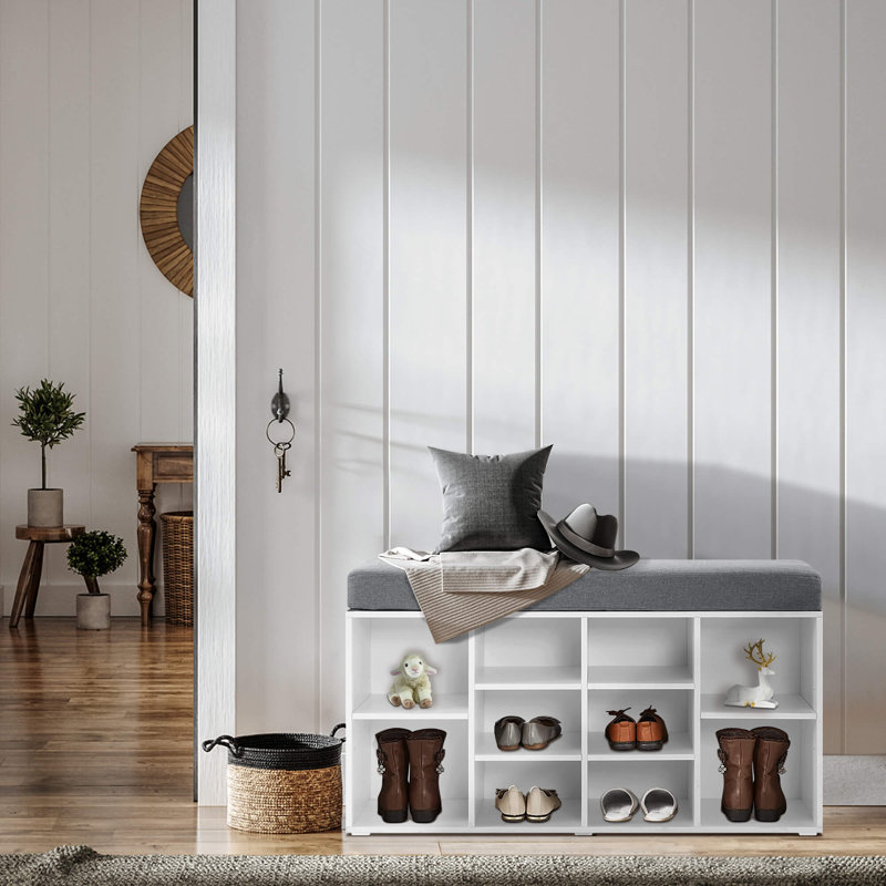 Ivinta White Shoe Storage Bench with Gray Cushion and 10 Cubbies
