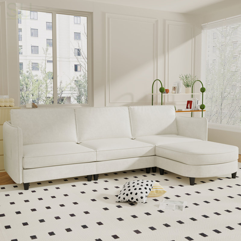 107.8'' Large Size 3 Seater L-Shaped Sofa With Movable Ottoman, Arm Pockets, And High-Density Foam For Comfortable Seating