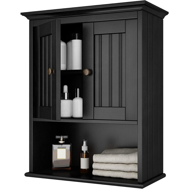 Armoire à pharmacie noire - Rangement mural en bois avec tablette réglable