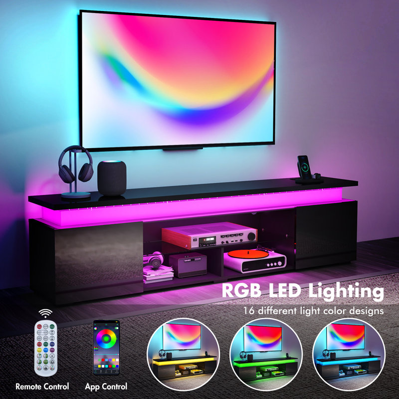 Modern TV Stand with RGB LED Lights for TVs up to 75 80 inch, media console with Power Outlet Entertainment Center for Living Room