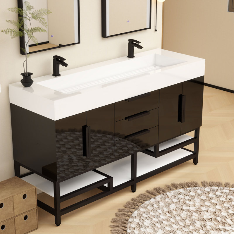 Finition du meuble-lavabo sur pied simple 60 po Jessica / Base: Chêne blanc, Noir brillant
